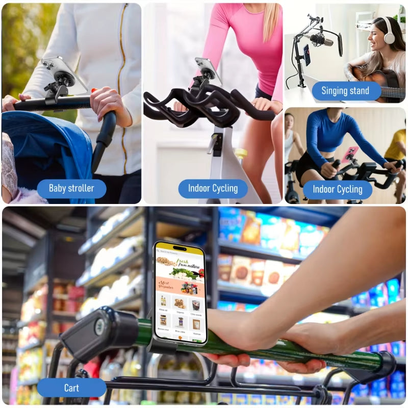 Magnetic Phone Holder Heavy-Duty Clamp Mount with 360° Rotation Slip Suction Pad Compatible with Treadmill Golf Cart Stroller