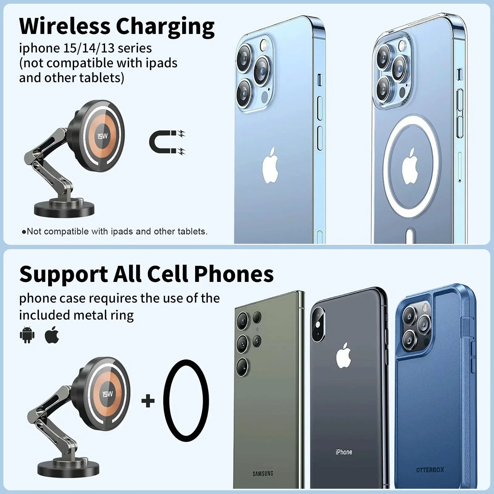 Magnetic Car Phone Holder Wireless Charger Rotation Holder Magsafe Car Phone Stand Fast Charging for Iphone 17 16 15 14 Samsung