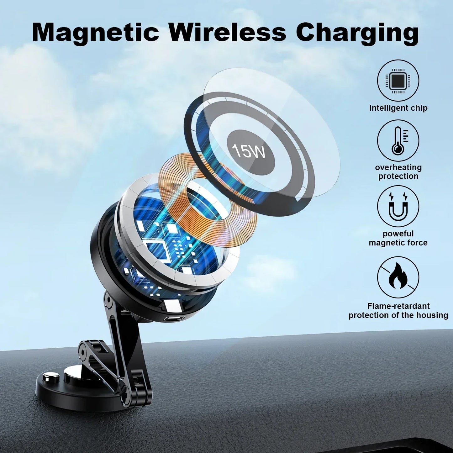 Magnetic Car Phone Holder Wireless Charger Rotation Holder Magsafe Car Phone Stand Fast Charging for Iphone 17 16 15 14 Samsung