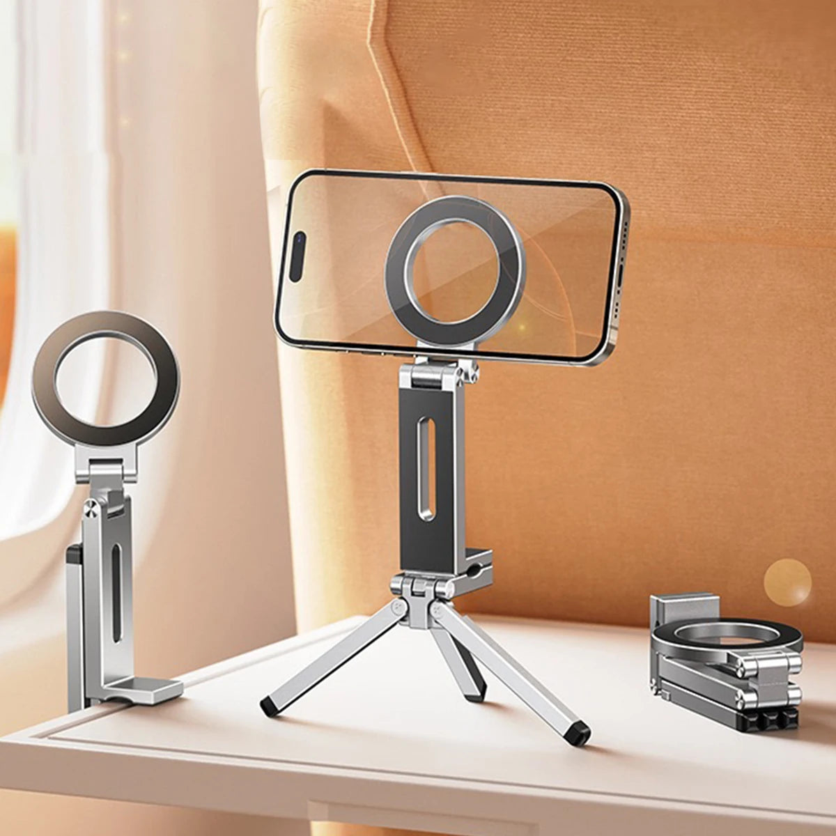 Portable Magnetic Phone Holder Aluminum Alloy 360 Rotating Foldable Tripod for Travel/Car,Travel Stand for Plane Train