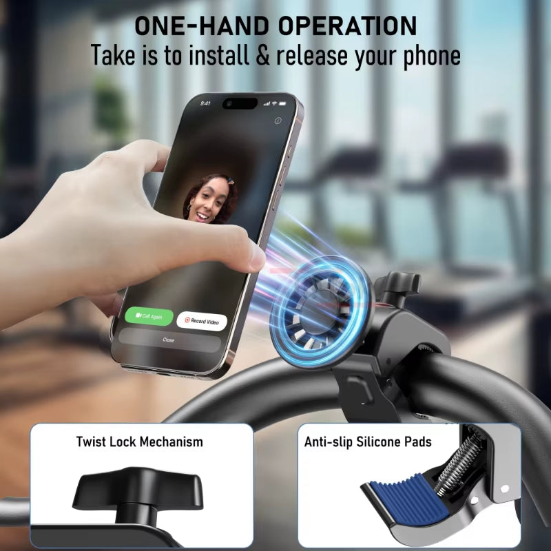 Magnetic Phone Holder Heavy-Duty Clamp Mount with 360° Rotation Slip Suction Pad Compatible with Treadmill Golf Cart Stroller